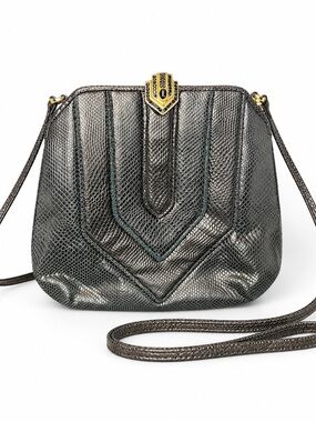 Vintage Judith Leiber Black Lizard Clutch/Shoulder Bag- Art Deco Crystal Clasp